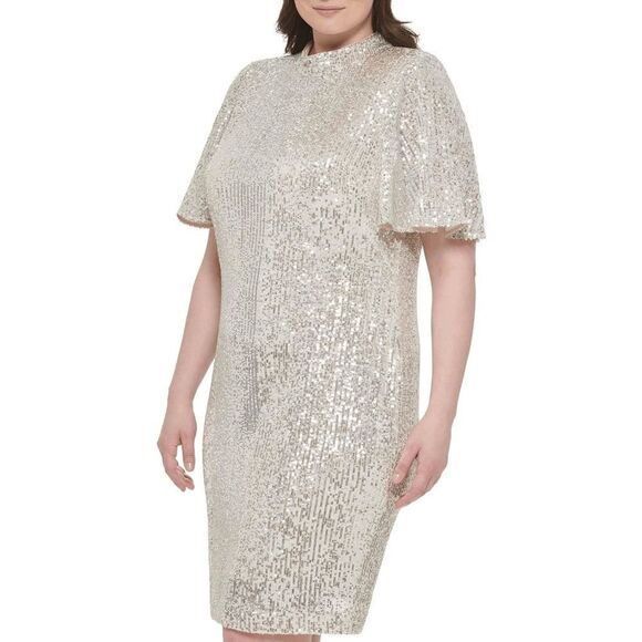 ✨ ELIZA J Silver Sequin Sheath Flutter Sleeve Mock Neck Dress SIZE 12 $168 NWT - Picture 7 of 16